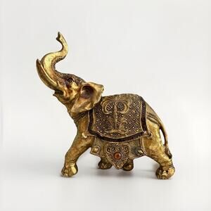 Vintage Elephant Feng Shui Trunk Up 9” Figurine Gold Statue Home Decor Sequins